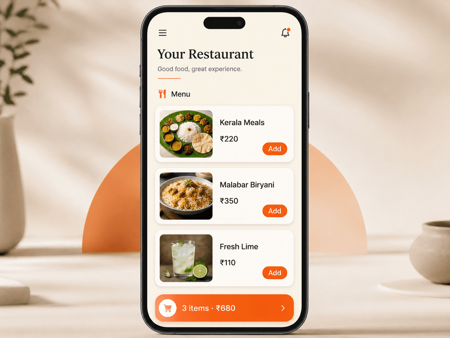 Mobile restaurant menu with food items and categories