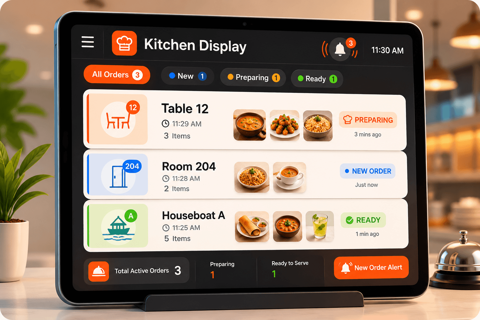 Kitchen display showing live table room and houseboat orders